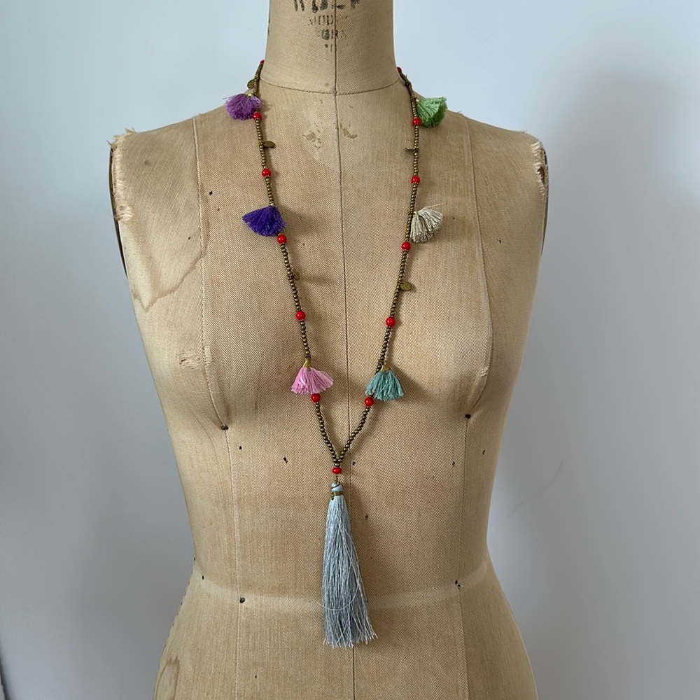Tassel gold bead necklace boho festival jewelry jingle bells 16in drop 20in - Picture 3 of 4